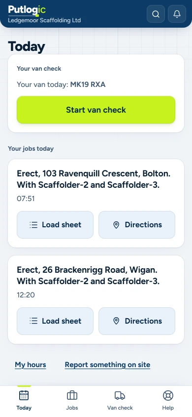 Today's jobs and the van check on a scaffolder's phone